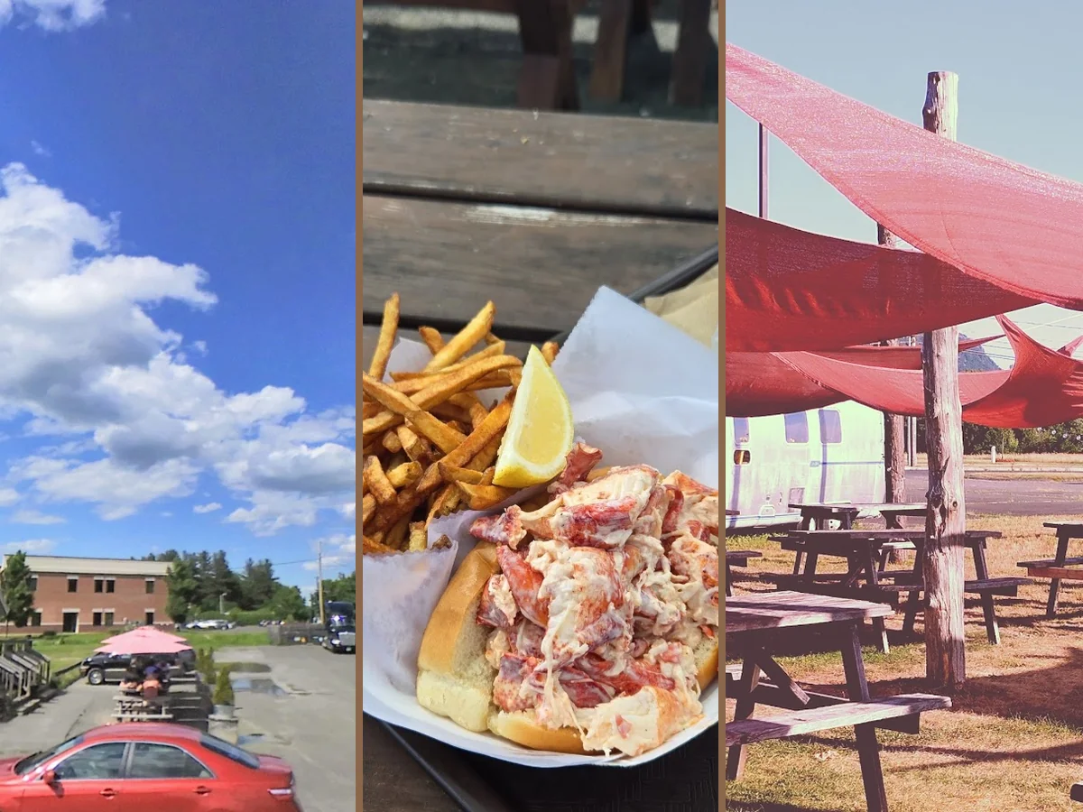Seafood restaurant with outdoor seating and picnic tables.