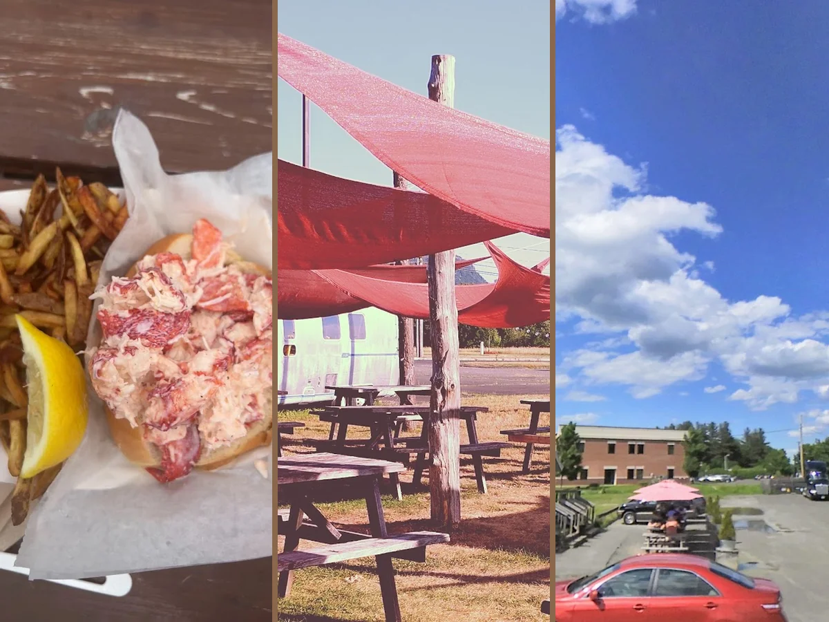 Seafood restaurant with outdoor seating and picnic tables.